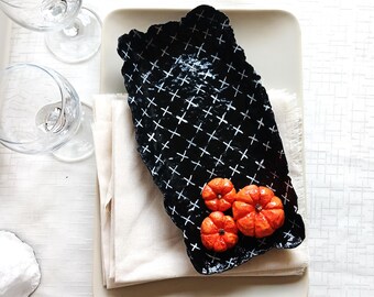 Paper Mache Tray with pumpkins, Decorative Plate; Black Rustic Halloween Table Decor.