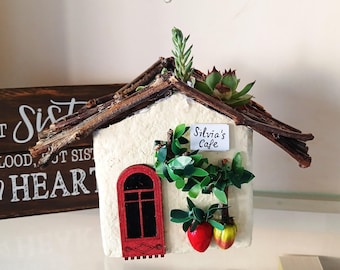 Milieuvriendelijke mini-huisplanter, gepersonaliseerd sprookjestuinhuisje, sappige pot, custom housewarmingcadeau, rustiek huisdecor.