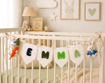 Gepersonaliseerde vilten konijnennaambanner, aangepaste babynaamslinger; Kinderkamerdecoratie met paasthema.