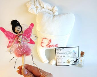 Personalized Tooth Fairy Pillow Gift Set for Girls. Custom Name pillow, Fairy Doll, Receipt, Certificate & Fairy Dust, Lost Tooth Keepsake.