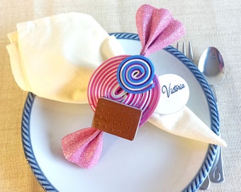 Candy & chocolate biscuit napkin ring, halloween treats place card holder, table decor. Birthday party, baby shower, custom gift.