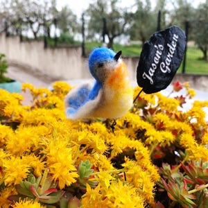May include: A blue and yellow felt bird with a black eye and a black beak is perched on a stick. The bird is holding a black rock with the text "Jason's Garden" written in white.