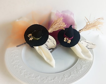 Halloween witch hat and broom napkin ring, custom place card holder, Table decor, Spooky gift.