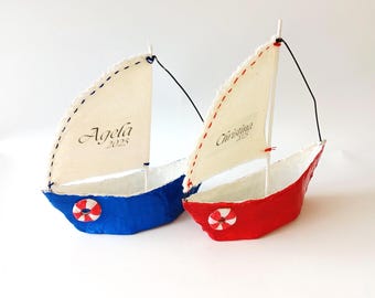 Personalized Sailboat, baby shower or birthday favor, made by recycled paper pulp.