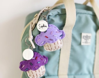 Custom name cupcake keyring, bag charm; personalized gift, patisserie branding promotion.