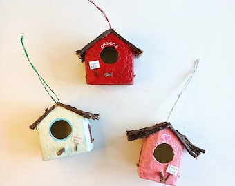 Personalized Birdhouse Ornament: Handmade Recycled Paper, Twig Roof