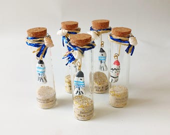 Fish in a glass bottle; custom nautical wedding favor, baptism keepsake.