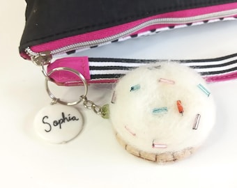 Custom puffy marshmallow keyring, needle felt patisserie bag charm, patisserie branding promotion