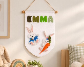 Gepersonaliseerde paashaasbanner, vilten naamvlaggetje voor aan de muur; deurhanger voor de kinderkamer.