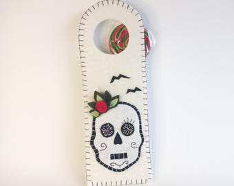 Felt Halloween skull door knob hanger and treat bag, Halloween home decor. Custom spooky gift, haunted home accessory.