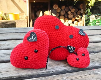 Personalized Crochet Red Heart Plush, Custom Huggable Soft Stuffed Heart: Home Decor,