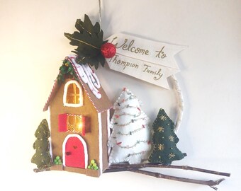 Personalized Light-Up Gingerbread House Christmas Wreath, Felt Noel Trees
