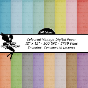 May include: A digital paper pack with 100 colours in a vintage style. Each sheet measures 30.48 cm x 30.48 cm and features a subtle handwritten script overlay. The image includes the text "Coloured Vintage Digital Paper" and "Includes: Commercial License".