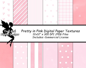 Pretty Pink Digital Paper, Pink Paper, Scrapbook Paper, Watercolor Stripes, Printable Paper, Watercolor hearts, Gingham Paper