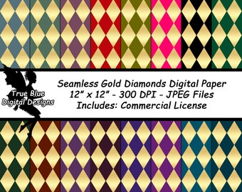 Gouden diamanten digitaal papier, diamantachtergronden, plakboekpapier, commercieel gebruik, afdrukbaar papier, naadloos patroon, Harlekijn Patten