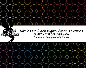Circles On Black Digital Paper, Digital Paper Pack, Colored Circles, Party Paper, Scrapbook Paper, Printable Paper, Rainbow Circles