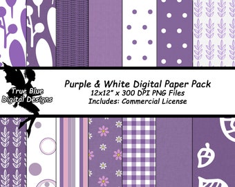 Purple and White Digital Papers, Purple Digital Paper, White Digital Paper, Printable Paper, Scrapbook Paper, Digital Papers, Textured Paper