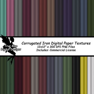 May include: A set of 24 digital paper textures featuring a corrugated iron look in various shades of brown, grey, green, and gold. Each texture is 30.5 cm by 30.5 cm and 300 DPI.  The textures are for commercial use.