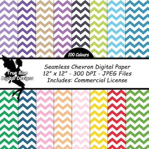 May include: A digital paper pack with 100 seamless chevron patterns in various colors. Each pattern is 12 inches by 12 inches and 300 DPI. The pack includes a commercial license.