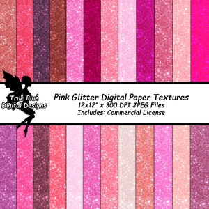 May include: A digital paper pack with various pink glitter textures. The pack contains 30.48 x 30.48 cm JPEG files at 300 DPI. The design includes a commercial license. The colour palette ranges from light pink to deep magenta.
