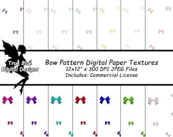 Bow Patterned Digital Paper, Bows on White Paper, Paper Bows, Colored Bow Paper, Watercolor Bows, Printable Paper