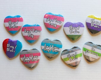 Holographic Gender Identity Pronouns Pride Heart Shaped Pinback Buttons | Gender Identity Pride | Pride Button | LGBTQIA+