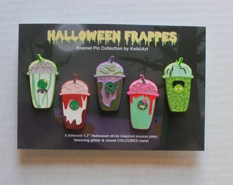 Halloween Frappuccino Enamel Pin Pack | Starbucks Barista Inspired Enamel Pin | Glitter Enamel Pin | Frappula | Frankenfrap | Zombie | Witch