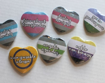 Holographic Gender Identity Pride Heart Shaped Pinback Buttons | Gender Identity Pride | Pride Button | LGBTQIA+