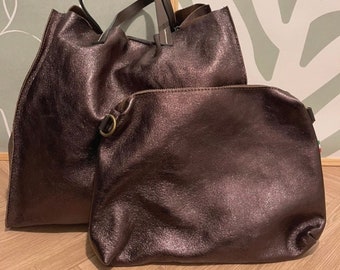 Sac Fourre-tout en Cuir Chocolat Métallisé Femme