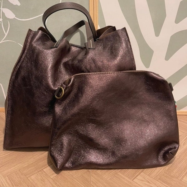 Sac Fourre-tout en Cuir Chocolat Métallisé Femme