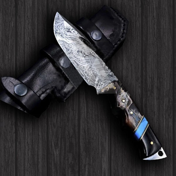 Couteau damas couteau de chasse avec gaine couteau à lame fixe fait main couteau Bowie couteaux pour hommes cadeau garçons d'honneur cadeaux personnalisés