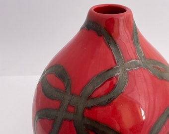 Mcm Vintage 1960s Red Metallic Swirl Bulbous Vase Large Home Decor Retro