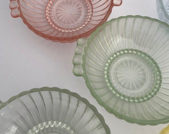 Vintage Anchor Hocking Dessert bowl Pink, Yellow, Clear, Blue and Green Set of 5! Antique Glassware 1930 s Kitchenware