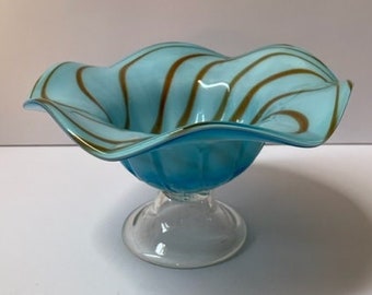 Vintage Serving Dish Blue Swirl Brown 1960s Art Glass with Stem