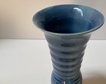 Vintage Ditmer Urback Pottery Blue Ribbed Vase 1930s-1940s Stamped Czechoslovakia