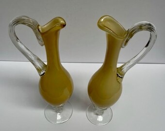 Paire de carafes italiennes Empoli en verre et ambre (2) vintage des années 1960 des années 1970