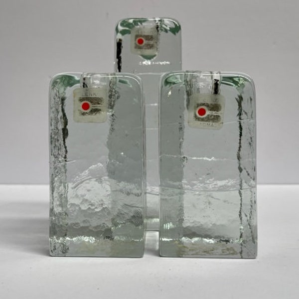 Vintage Hand Made Blenko Glass Ice Cube Candle Stick Holders set of 3 1970s