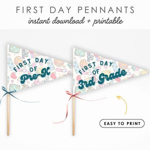 Back to School Prinatables Pennant Flags | Instant download flag props for first day of school photos and editable labels + teacher gift tag