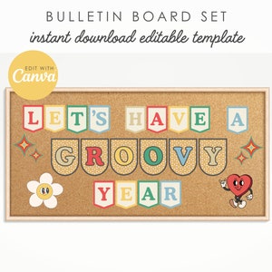 Groovy Retro Classroom Bulletin Board Letters, Editable in Canva, Letter Printables, Bulletin Board Bunting Decor, Template,INSTANT DOWNLOAD