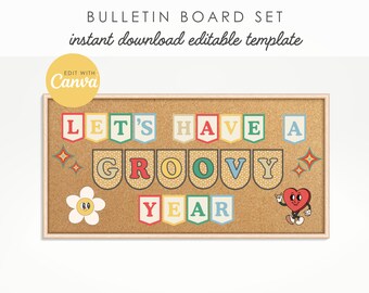 Groovy Retro Classroom Bulletin Board Letters, Editable in Canva, Letter Printables, Bulletin Board Bunting Decor, Template,INSTANT DOWNLOAD