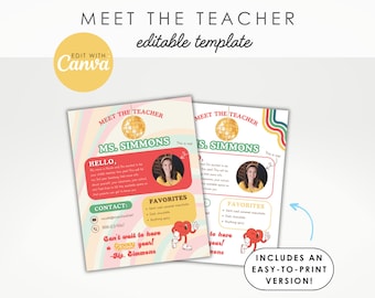 Back To School, Meet The Teacher Editable Canva Template, Colorful Groovy, INSTANT DOWNLOAD, School Teacher Template, Retro Classroom Decor