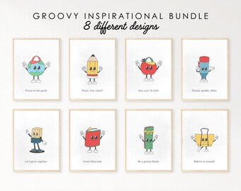 Peut inclure: Ensemble de huit affiches imprimables illustrant des fournitures scolaires en dessin animé avec des messages inspirants. Les illustrations comprennent un globe terrestre, un crayon, une tomate, un marqueur, une gomme, un livre, une règle et un sac. Chaque affiche a un message différent, comme "Concentrez-vous sur le bien", "Paix, amour, apprenez!" et "Croyez en vous".