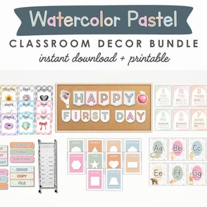 Watercolor Pastel Classroom Decor Bundle, Bulletin Board, Editable in Canva, Letter Printables, Bulletin Board Prints, INSTANT DOWNLOAD PDF