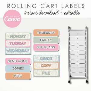 Aquarell Pastell Rolling Cart Labels, bearbeitbares Lehrer-Schubladenetikett, Klassenzimmer Printables, Organisation, INSTANT DOWNLOAD, PDF, Canva