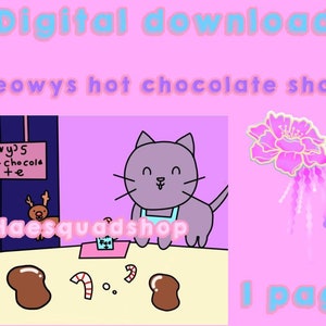 Meowy&#39;s hot chocolate shop! Digital download coloring page
