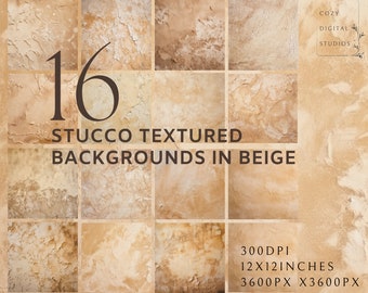 May include: 16 beige stucco textured backgrounds, 300 DPI, 12x12 inches, 3600px x 3600px.