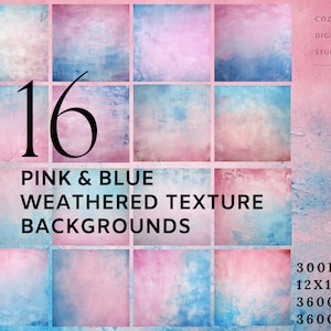 Set of 16 Pink & Blue Weathered Texture Backgrounds for Digital Art, Overlays and Backgrounds, Mixed Media, Scrapbooking and Much More