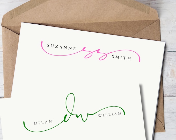 Personalized Note Card Set with Script Monogram – Custom Modern Stationery for Couples, Pretty Monogrammed Flat Cards in A2 & A7 Sizes