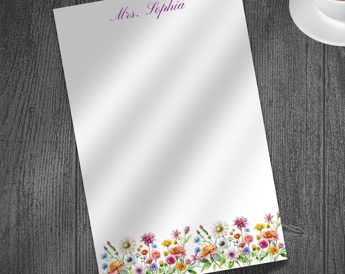 Custom Notepad with Flowers, Floral Personalized Notepad for Her, Wildflower Note Pad, Garden Stationery, 1st 2nd Anniversary Gift, Cut Note