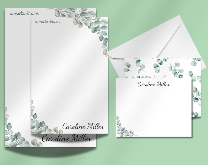 Personalized Stationery Set with Eucalyptus Design: Custom Flat Notecards and Notepad for Gifts & Everyday Writing